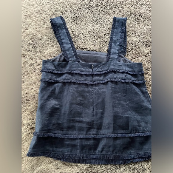 J Crew Navy Linen Sleeveless Blouse with Rows of Fringe. - Picture 2 of 7